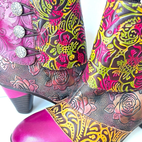 Gorgeous Handmade Multicolor Tooled Leather Floral Med Heel Ankle Boots 38 - Picture 9 of 14